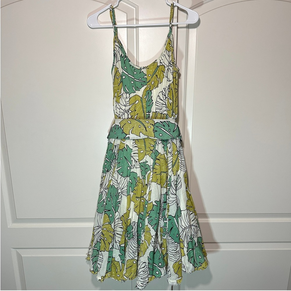 Tori Richard Tropical Leaf‎ Print Belted Mini Dress Green Boho Cotton Resort 4
